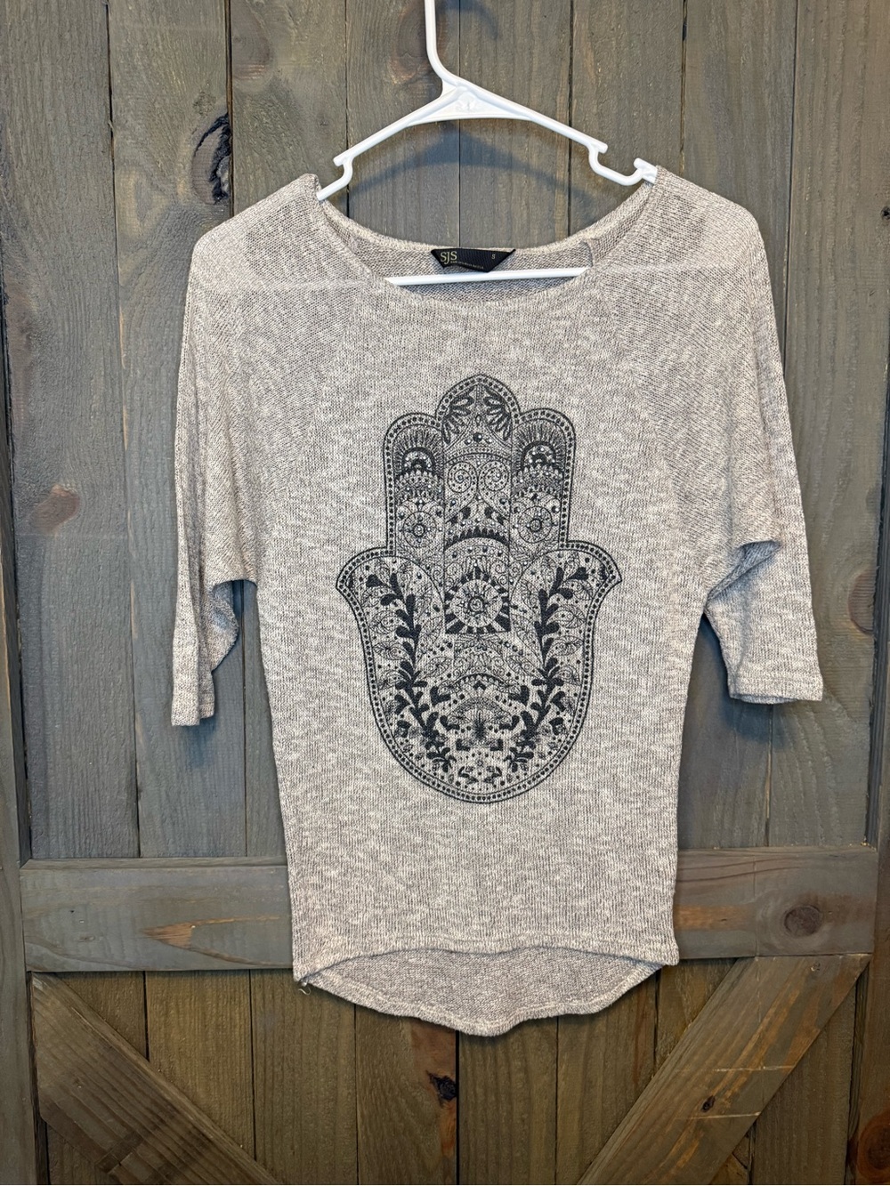 SJS Gray Crewneck Sweater with Black Hamsa Graphic